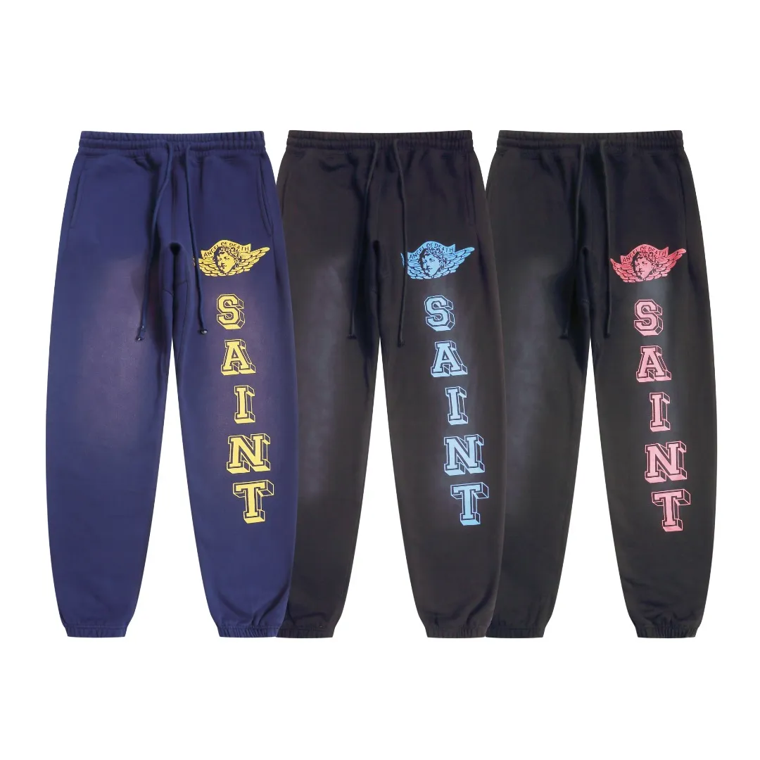 Saint Michael's trendy retro angels letters with old washed angel vintage loose casual loose sweatpants and trousers Style number: SM632 Size: S-M-L-XL Color: black blue-black red-blue yellow Price: P236